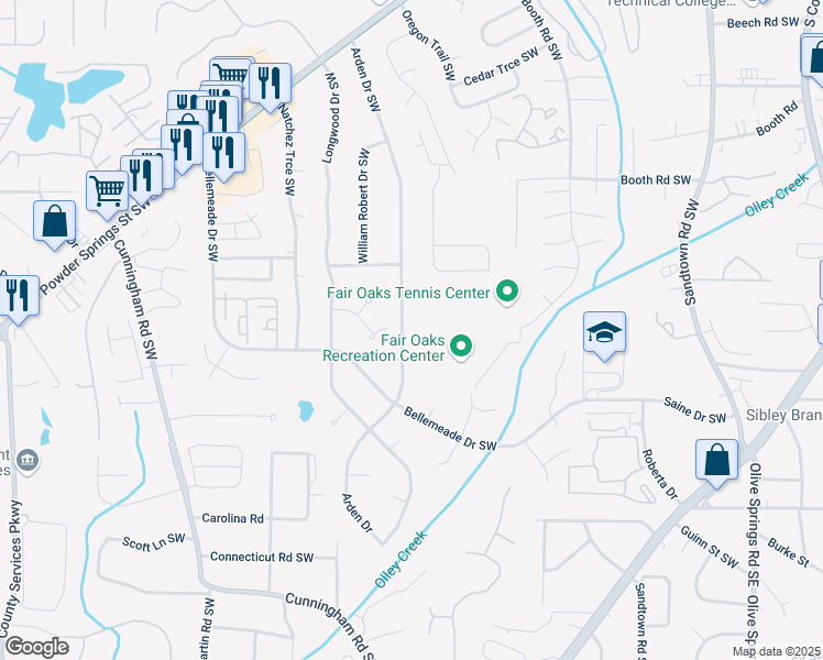 map of restaurants, bars, coffee shops, grocery stores, and more near 1391 Arden Drive Southwest in Marietta