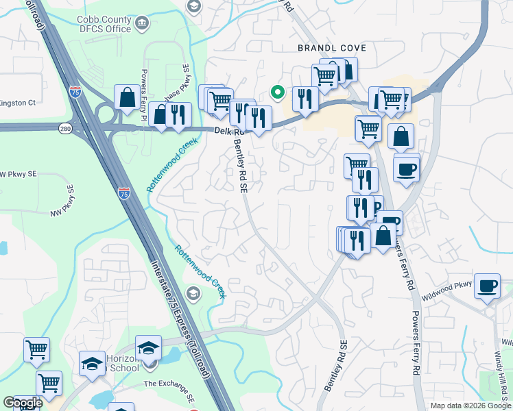 map of restaurants, bars, coffee shops, grocery stores, and more near 2665 Moss Lane in Marietta