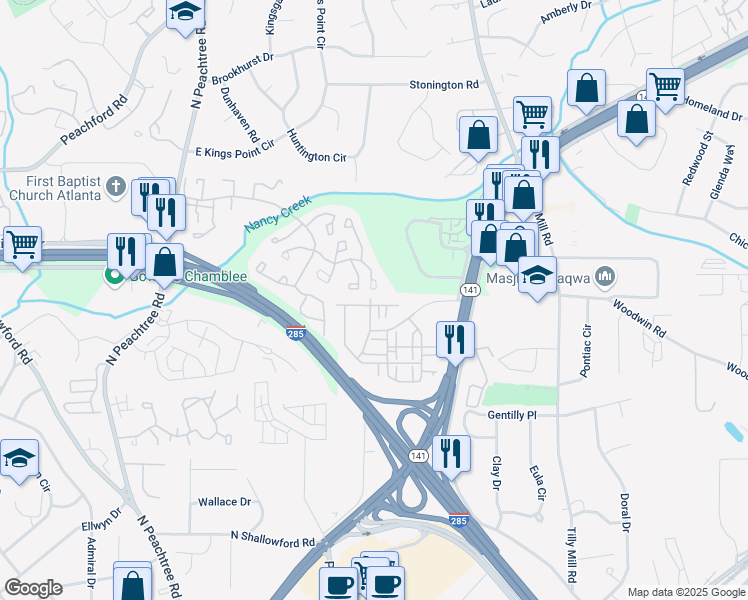 map of restaurants, bars, coffee shops, grocery stores, and more near 2434 Soft Maple Street in Doraville