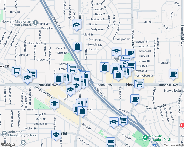 map of restaurants, bars, coffee shops, grocery stores, and more near 12414 Arlee Avenue in Norwalk