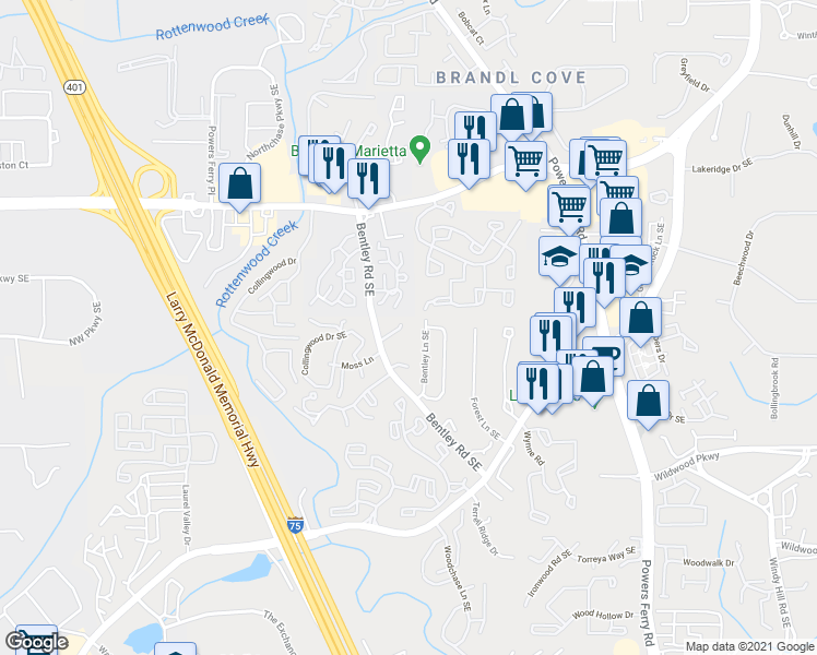 map of restaurants, bars, coffee shops, grocery stores, and more near 2670 Moss Lane in Marietta