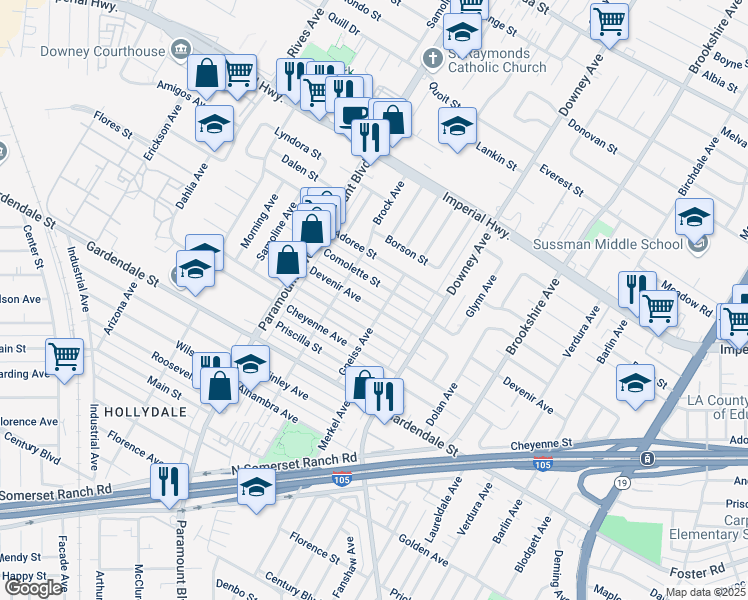 map of restaurants, bars, coffee shops, grocery stores, and more near 12913 Gneiss Avenue in Downey