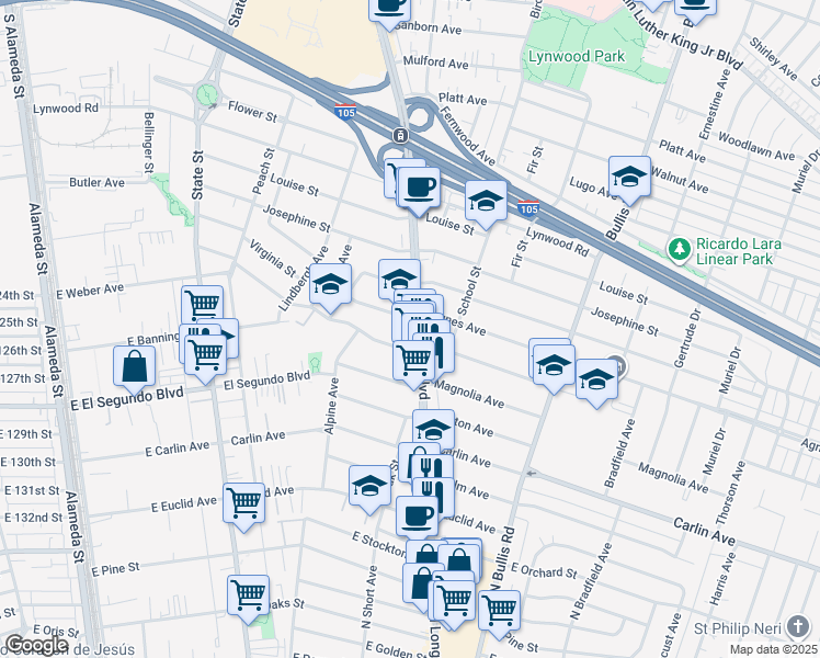 map of restaurants, bars, coffee shops, grocery stores, and more near 3364 Cedar Avenue in Lynwood