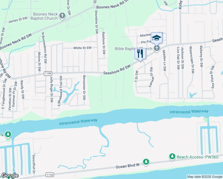 map of restaurants, bars, coffee shops, grocery stores, and more near 2651 Seashore Road Southwest in Supply
