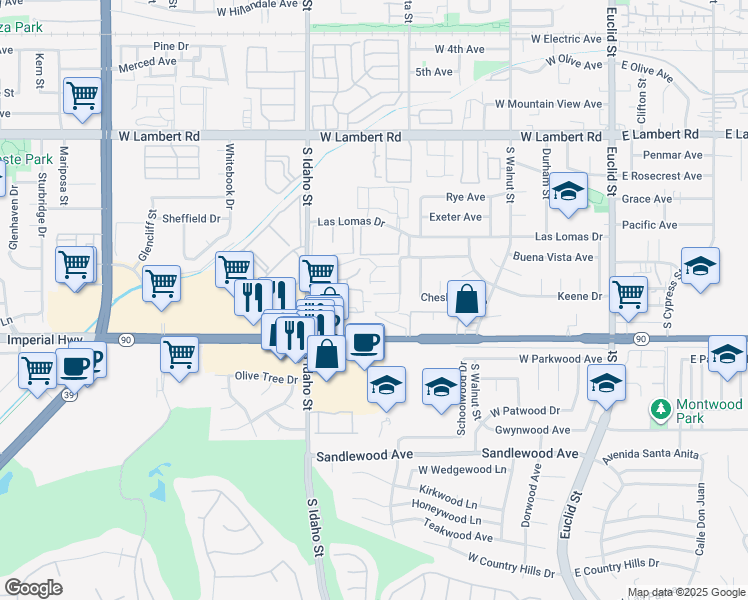 map of restaurants, bars, coffee shops, grocery stores, and more near 920 Sonora Avenue in La Habra