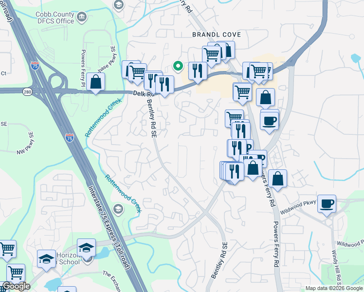 map of restaurants, bars, coffee shops, grocery stores, and more near 1391 Twin Branches Circle in Marietta
