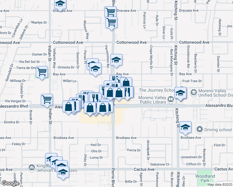 map of restaurants, bars, coffee shops, grocery stores, and more near 2550 Perris Boulevard in Moreno Valley