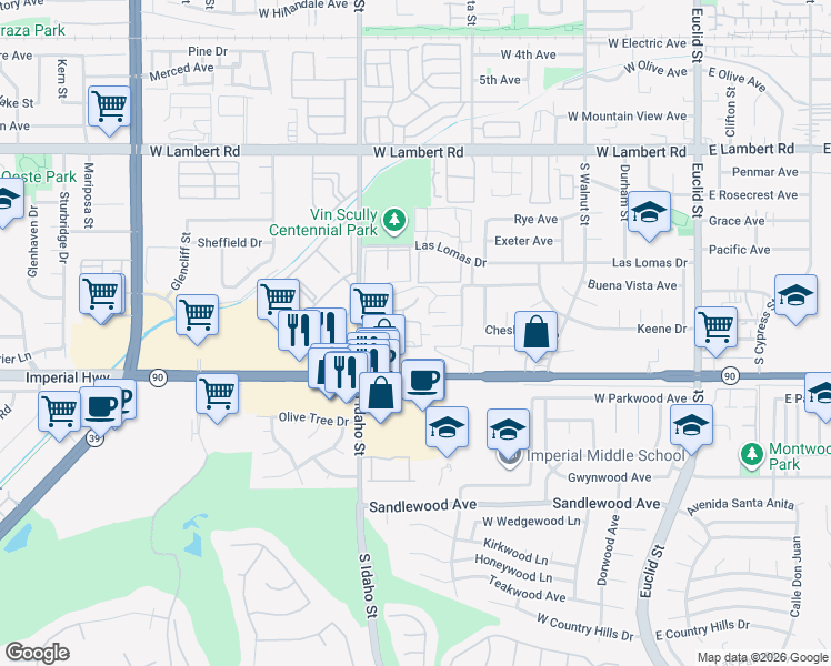 map of restaurants, bars, coffee shops, grocery stores, and more near 1060 South Idaho Street in La Habra