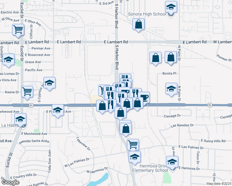 map of restaurants, bars, coffee shops, grocery stores, and more near 1111 South Harbor Boulevard in La Habra