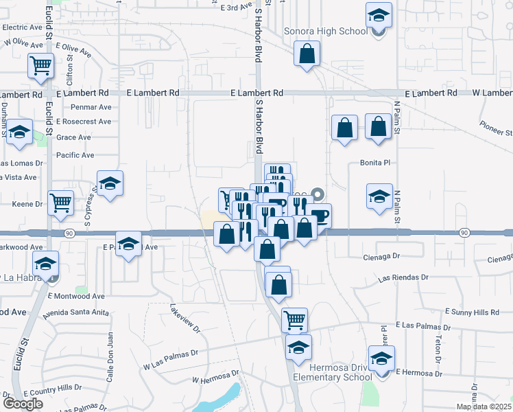 map of restaurants, bars, coffee shops, grocery stores, and more near 1111 South Harbor Boulevard in La Habra