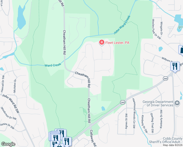 map of restaurants, bars, coffee shops, grocery stores, and more near 1467 Livingston Drive Southwest in Marietta