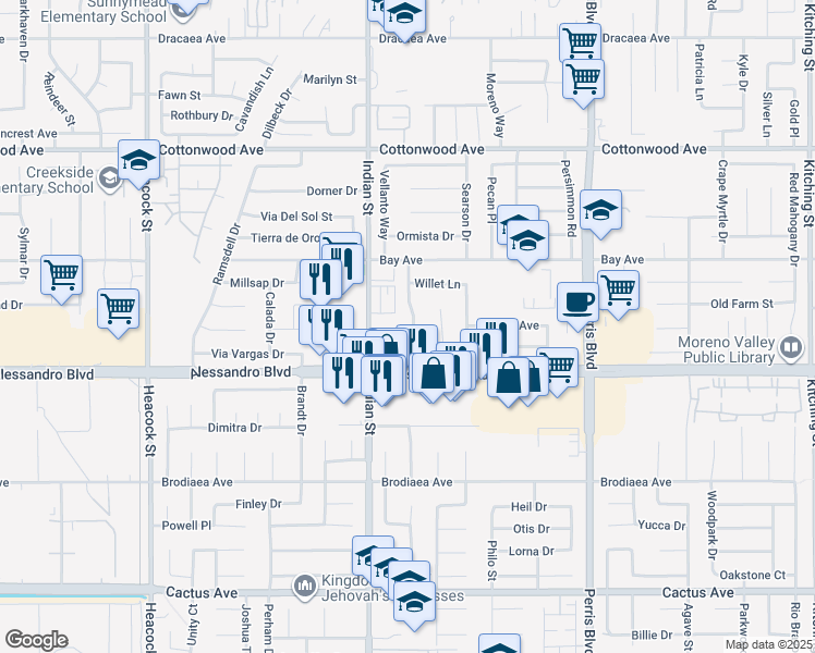 map of restaurants, bars, coffee shops, grocery stores, and more near 13921 Pheasant Knoll Lane in Moreno Valley