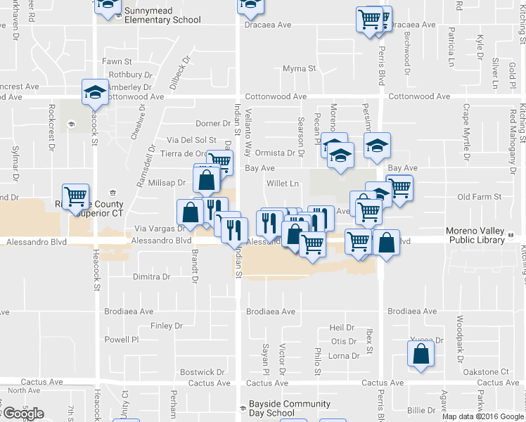 map of restaurants, bars, coffee shops, grocery stores, and more near 13921 Pheasant Knoll Lane in Moreno Valley