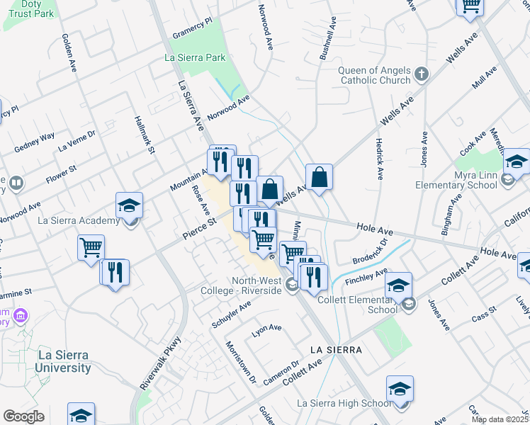 map of restaurants, bars, coffee shops, grocery stores, and more near in Riverside