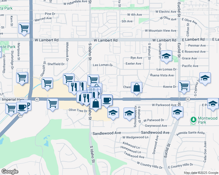 map of restaurants, bars, coffee shops, grocery stores, and more near 920 Sonora Avenue in La Habra