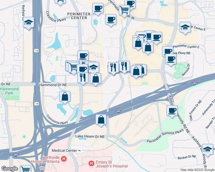 map of restaurants, bars, coffee shops, grocery stores, and more near 241 Perimeter Center Pkwy NE in Dunwoody