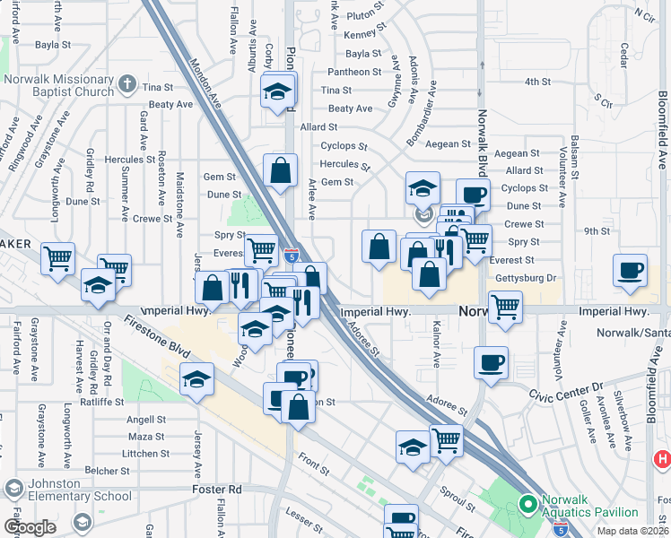 map of restaurants, bars, coffee shops, grocery stores, and more near 12414 Arlee Avenue in Norwalk