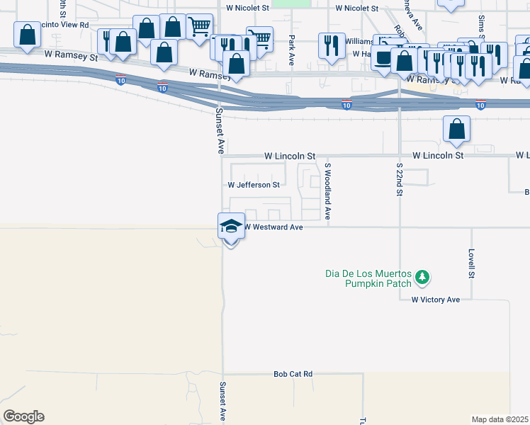 map of restaurants, bars, coffee shops, grocery stores, and more near 733 Daybreak Way in Banning