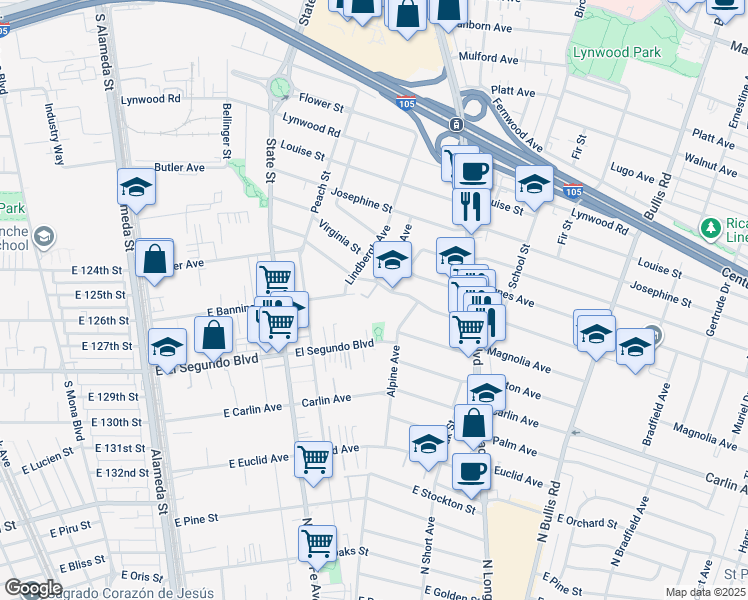 map of restaurants, bars, coffee shops, grocery stores, and more near 3300 East Cedar Street in Lynwood