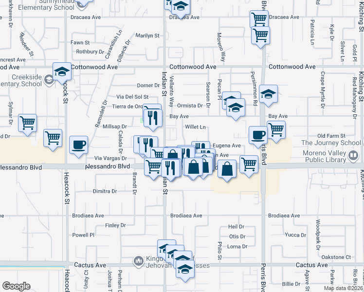 map of restaurants, bars, coffee shops, grocery stores, and more near 13921 Pheasant Knoll Lane in Moreno Valley