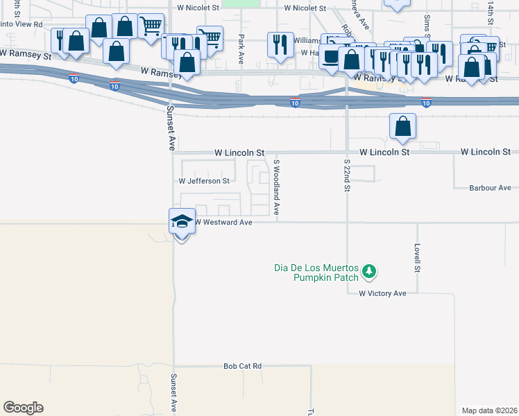 map of restaurants, bars, coffee shops, grocery stores, and more near 2694 Clear Court in Banning