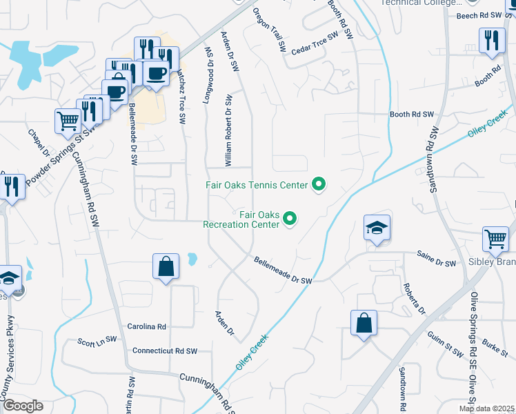 map of restaurants, bars, coffee shops, grocery stores, and more near 1391 Arden Drive Southwest in Marietta
