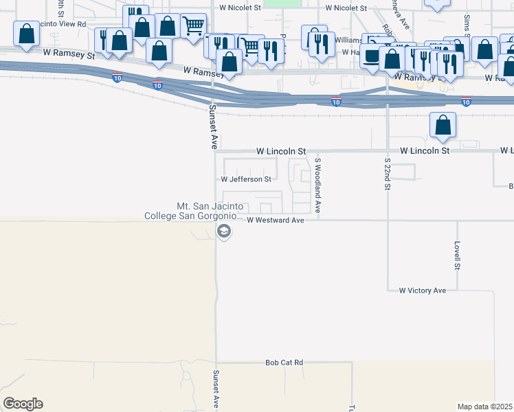 map of restaurants, bars, coffee shops, grocery stores, and more near 733 Daybreak Way in Banning