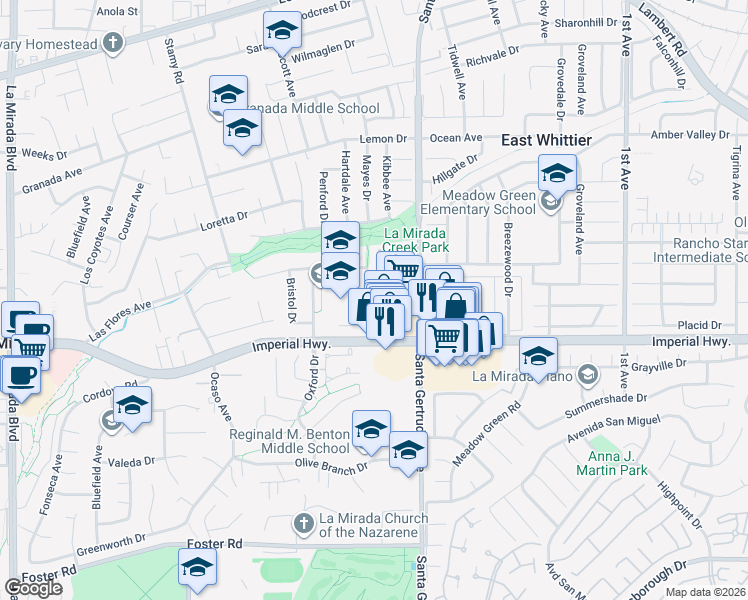 map of restaurants, bars, coffee shops, grocery stores, and more near 12310 La Pomelo Road in La Mirada
