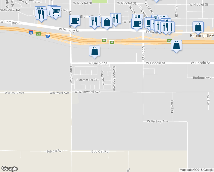 map of restaurants, bars, coffee shops, grocery stores, and more near 2694 Clear Court in Banning