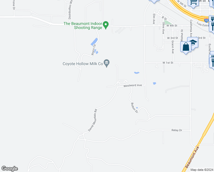 map of restaurants, bars, coffee shops, grocery stores, and more near 13965 Bolo Court in Beaumont