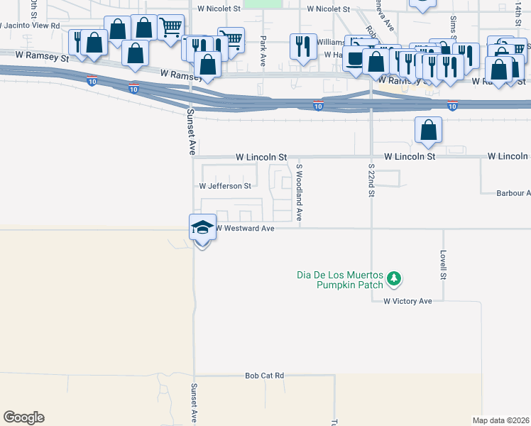 map of restaurants, bars, coffee shops, grocery stores, and more near 738 Amber Sky Street in Banning