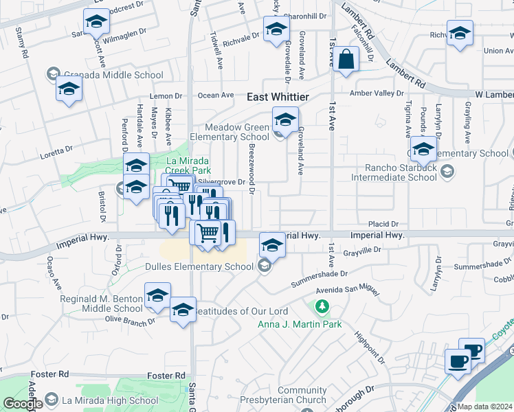 map of restaurants, bars, coffee shops, grocery stores, and more near 12314 Breezewood Drive in Whittier