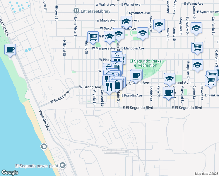 map of restaurants, bars, coffee shops, grocery stores, and more near 319 Richmond Street in El Segundo