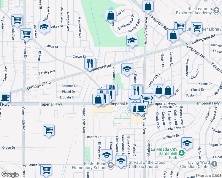 map of restaurants, bars, coffee shops, grocery stores, and more near 12219 Loma Drive in Whittier