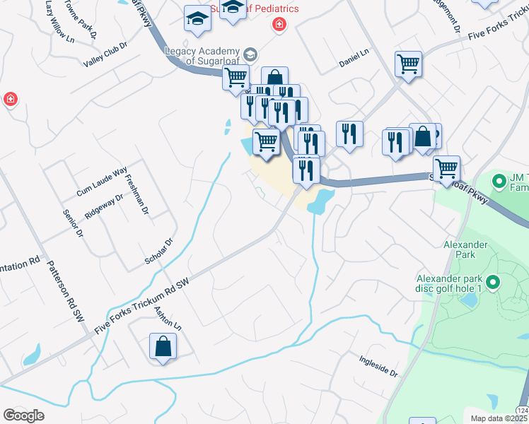 map of restaurants, bars, coffee shops, grocery stores, and more near 1471 Five Forks Trickum Road Southwest in Lawrenceville