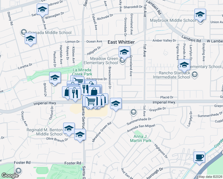 map of restaurants, bars, coffee shops, grocery stores, and more near 12314 Breezewood Drive in Whittier