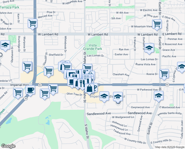 map of restaurants, bars, coffee shops, grocery stores, and more near 1052 South Idaho Street in La Habra