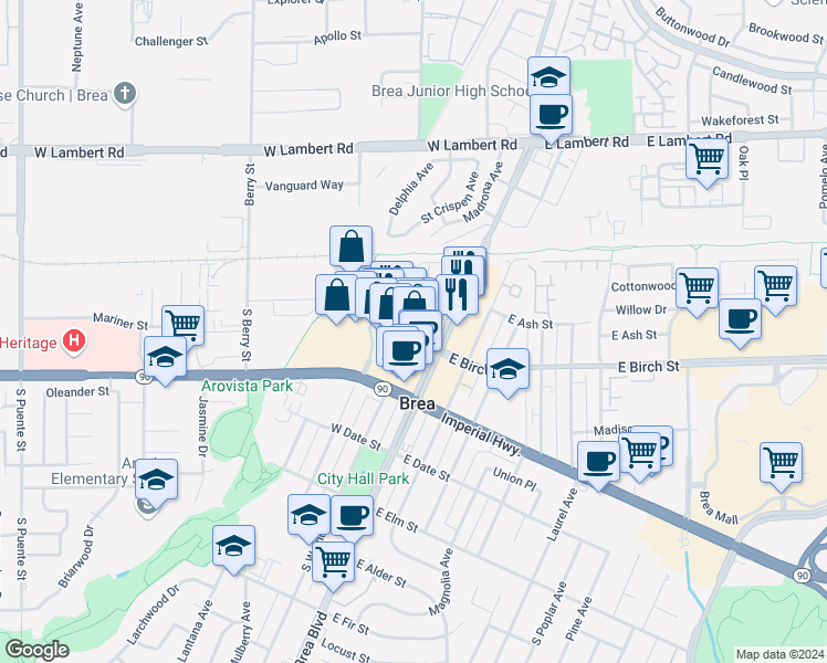 map of restaurants, bars, coffee shops, grocery stores, and more near W Birch St & Walnut Ave in Brea