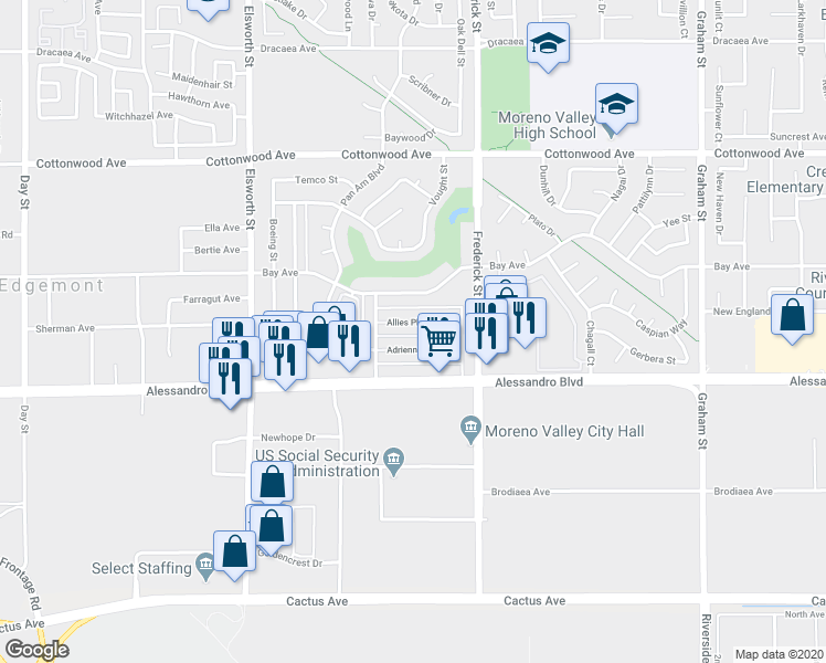 map of restaurants, bars, coffee shops, grocery stores, and more near 22838 Allies Place in Moreno Valley