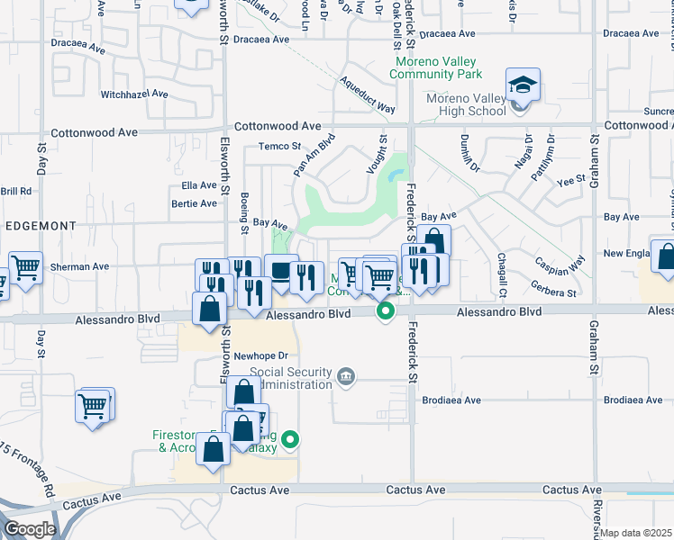 map of restaurants, bars, coffee shops, grocery stores, and more near 22838 Allies Place in Moreno Valley