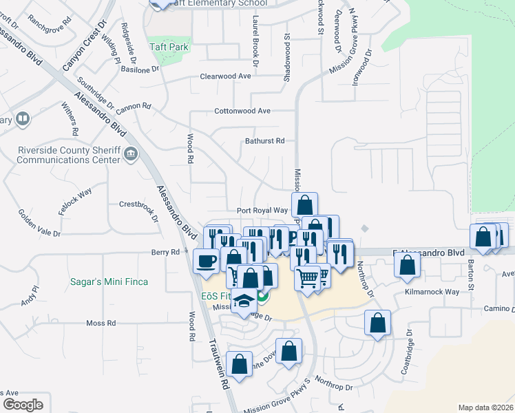 map of restaurants, bars, coffee shops, grocery stores, and more near 7256 Foxcroft Street in Riverside