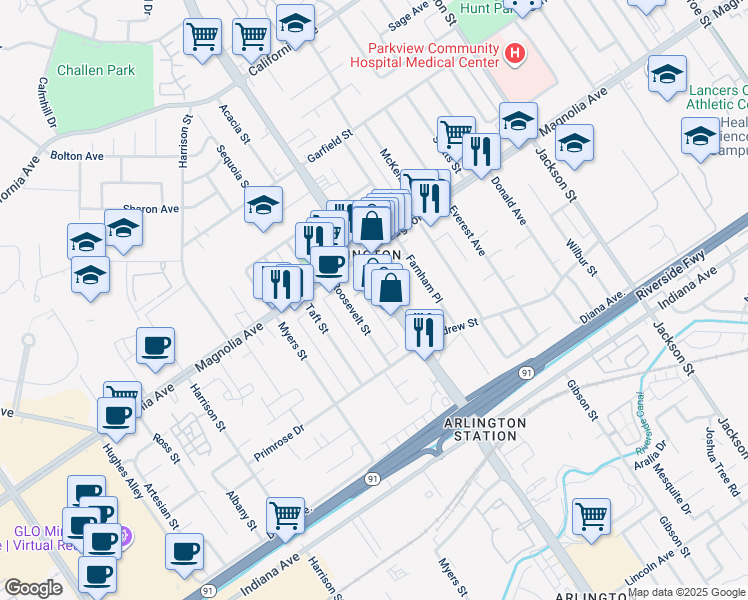 map of restaurants, bars, coffee shops, grocery stores, and more near 3745 Van Buren Boulevard in Riverside