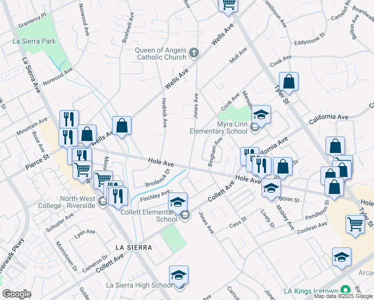 map of restaurants, bars, coffee shops, grocery stores, and more near 4564 Jones Avenue in Riverside