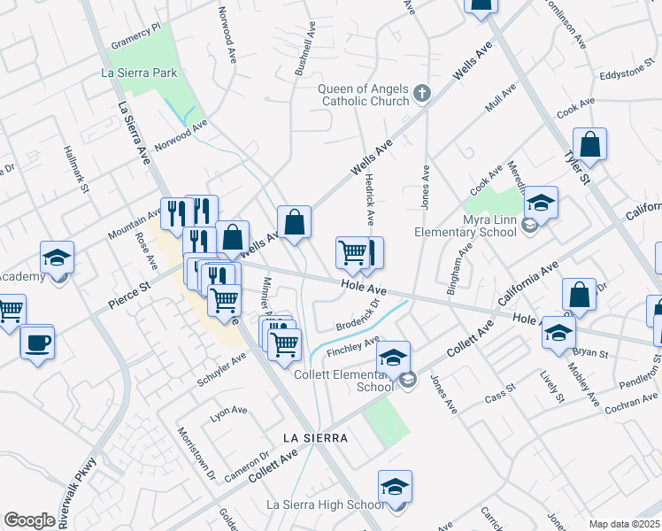map of restaurants, bars, coffee shops, grocery stores, and more near 4729 Mitchell Avenue in Riverside