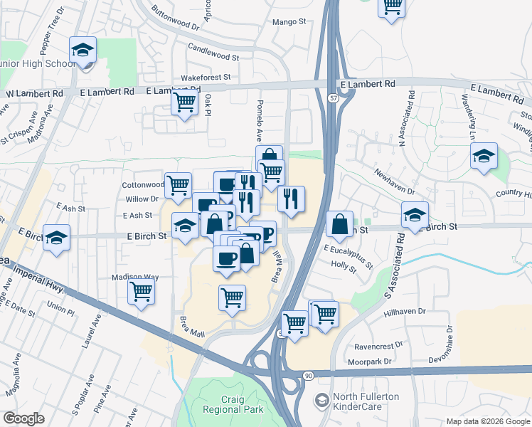 map of restaurants, bars, coffee shops, grocery stores, and more near 145 South State College Boulevard in Brea