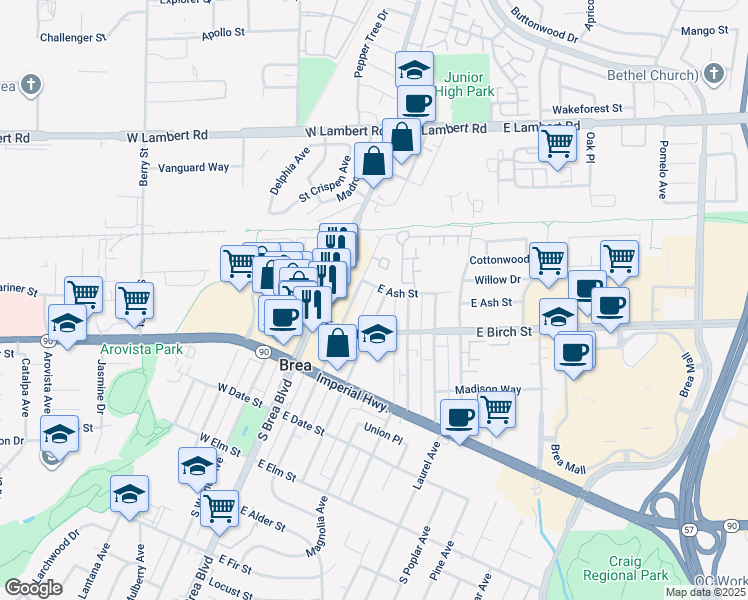 map of restaurants, bars, coffee shops, grocery stores, and more near 202 East Ash Street in Brea