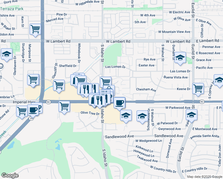 map of restaurants, bars, coffee shops, grocery stores, and more near 1130 Buena Vista Avenue in La Habra