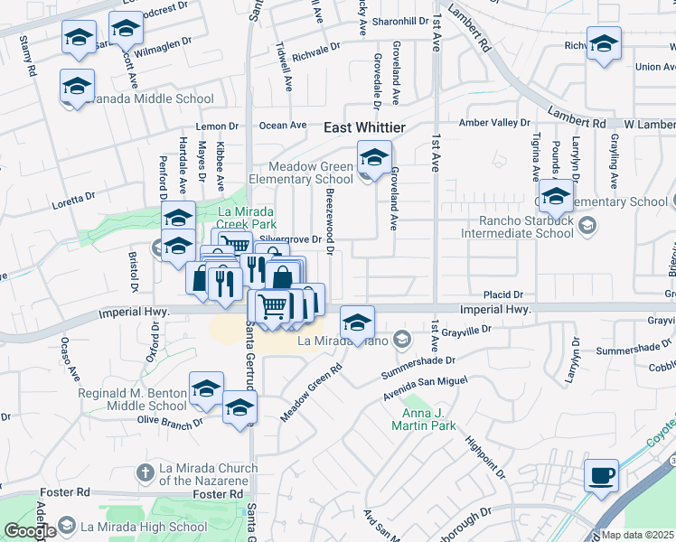 map of restaurants, bars, coffee shops, grocery stores, and more near 12219 Meadow Green Road in Whittier