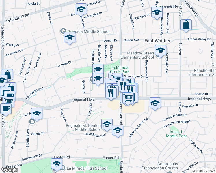map of restaurants, bars, coffee shops, grocery stores, and more near 12203 Santa Gertrudes Avenue in La Mirada