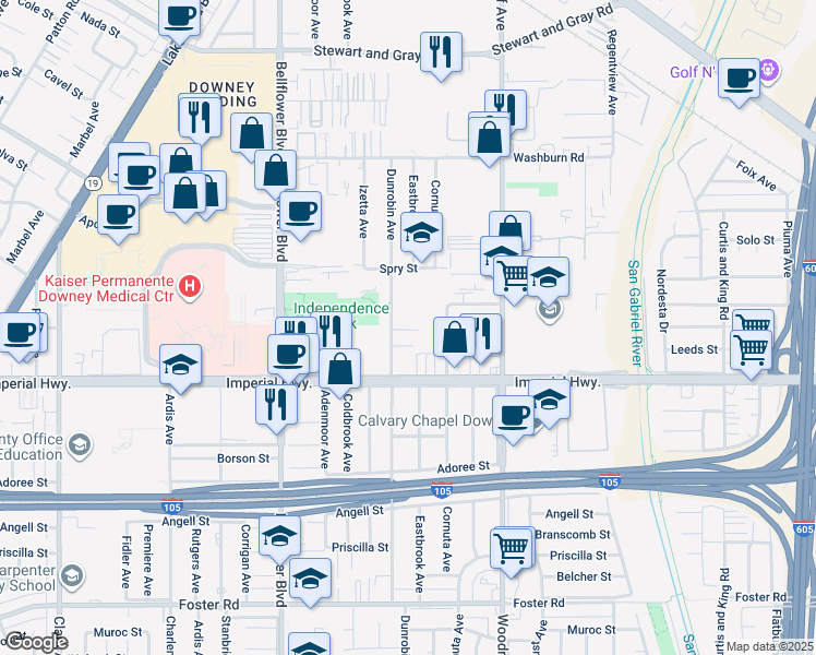 map of restaurants, bars, coffee shops, grocery stores, and more near 12346 Dunrobin Avenue in Downey